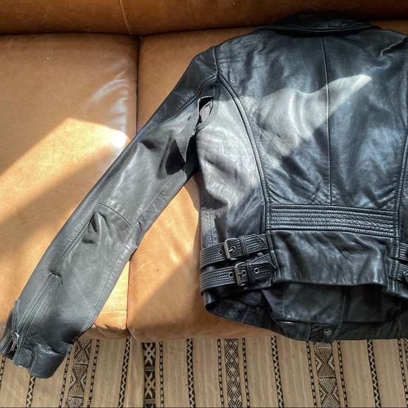 Lucky Brand Moto black leather jacket damaged sleeve fall winter layering - Picture 7 of 16